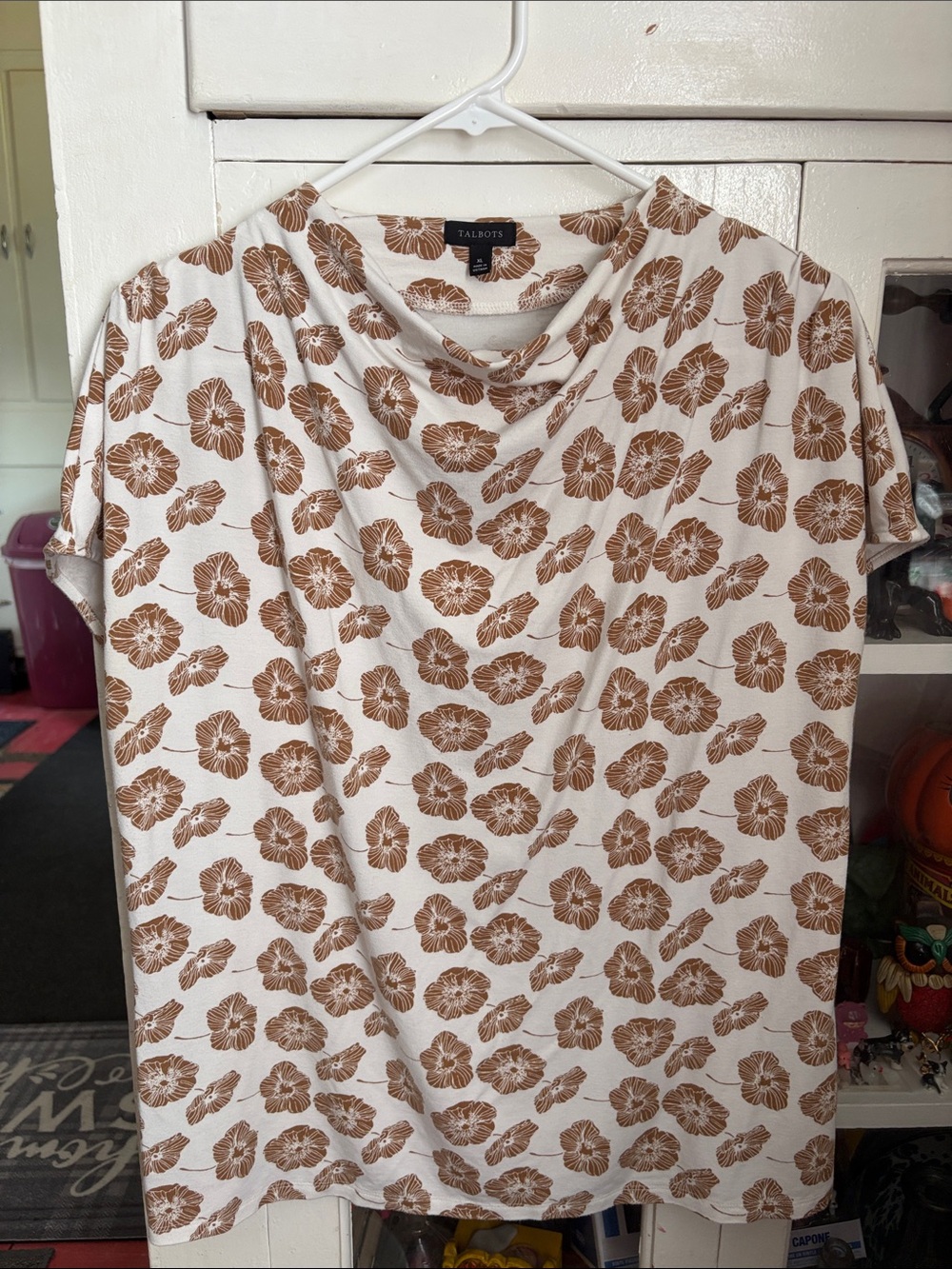 Talbots Cream Short-Sleeve Floral Cowl Neck Tee